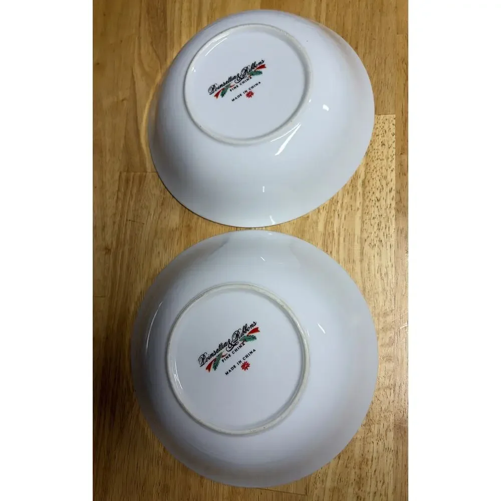 Vintage Lot Of 2 - TIENSHAN Poinsettia and Ribbons 9.25” Serving Bowl China